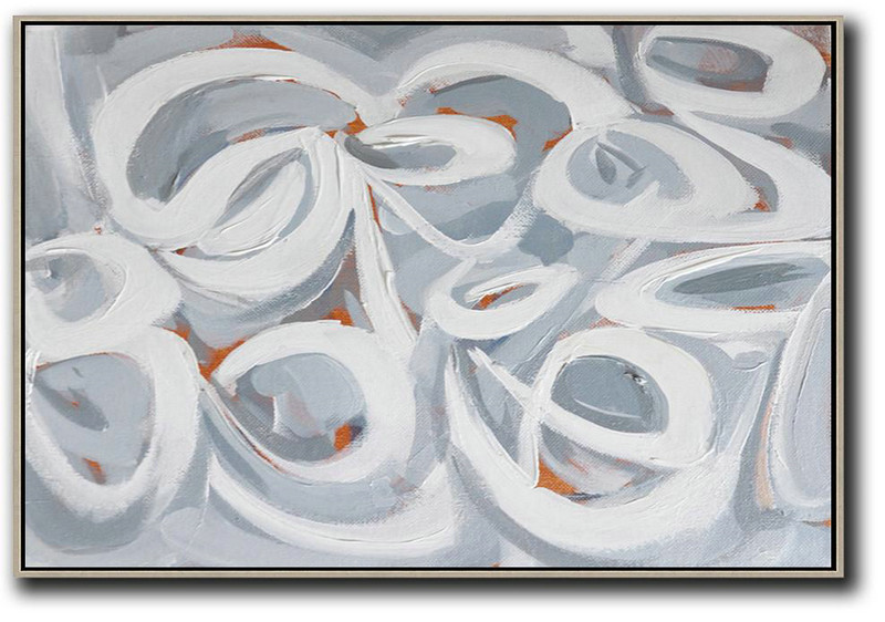 Horizontal Palette Knife Contemporary Art,Modern Abstract Wall Art,White,Grey,Orange